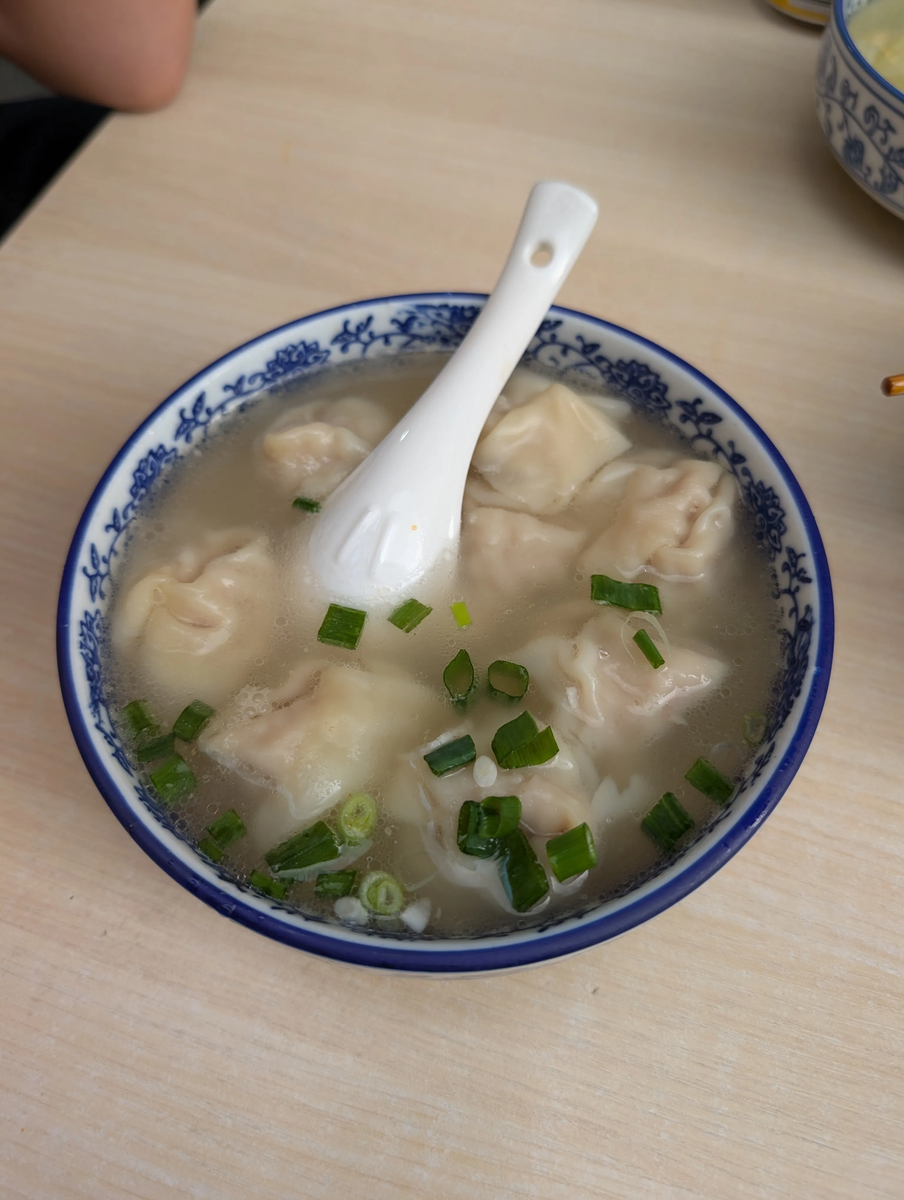 Delicate wontons in a clear, clean broth — a welcome respite from the relentless spice.