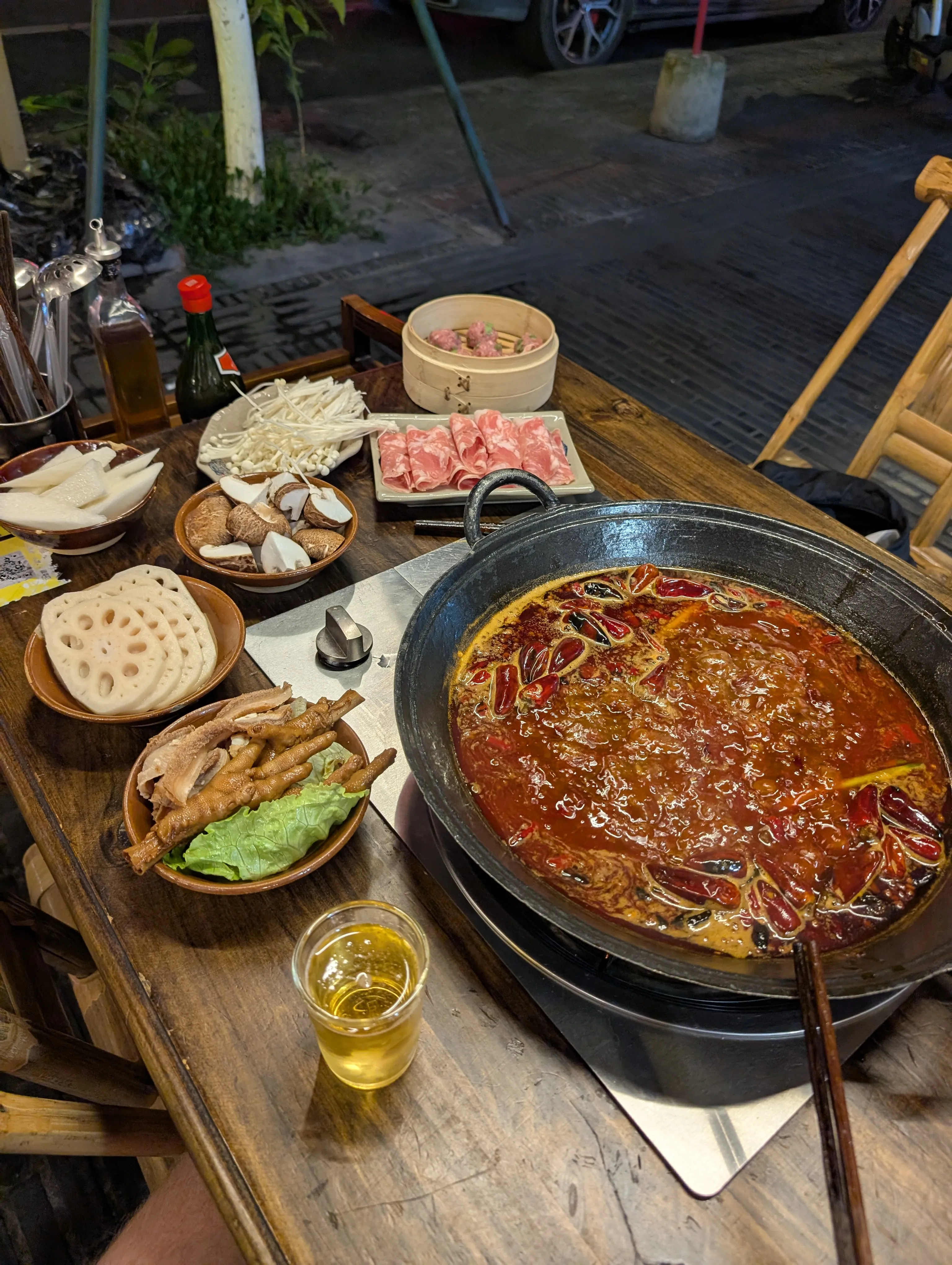 Chengdu hot pot with all the fixings.
