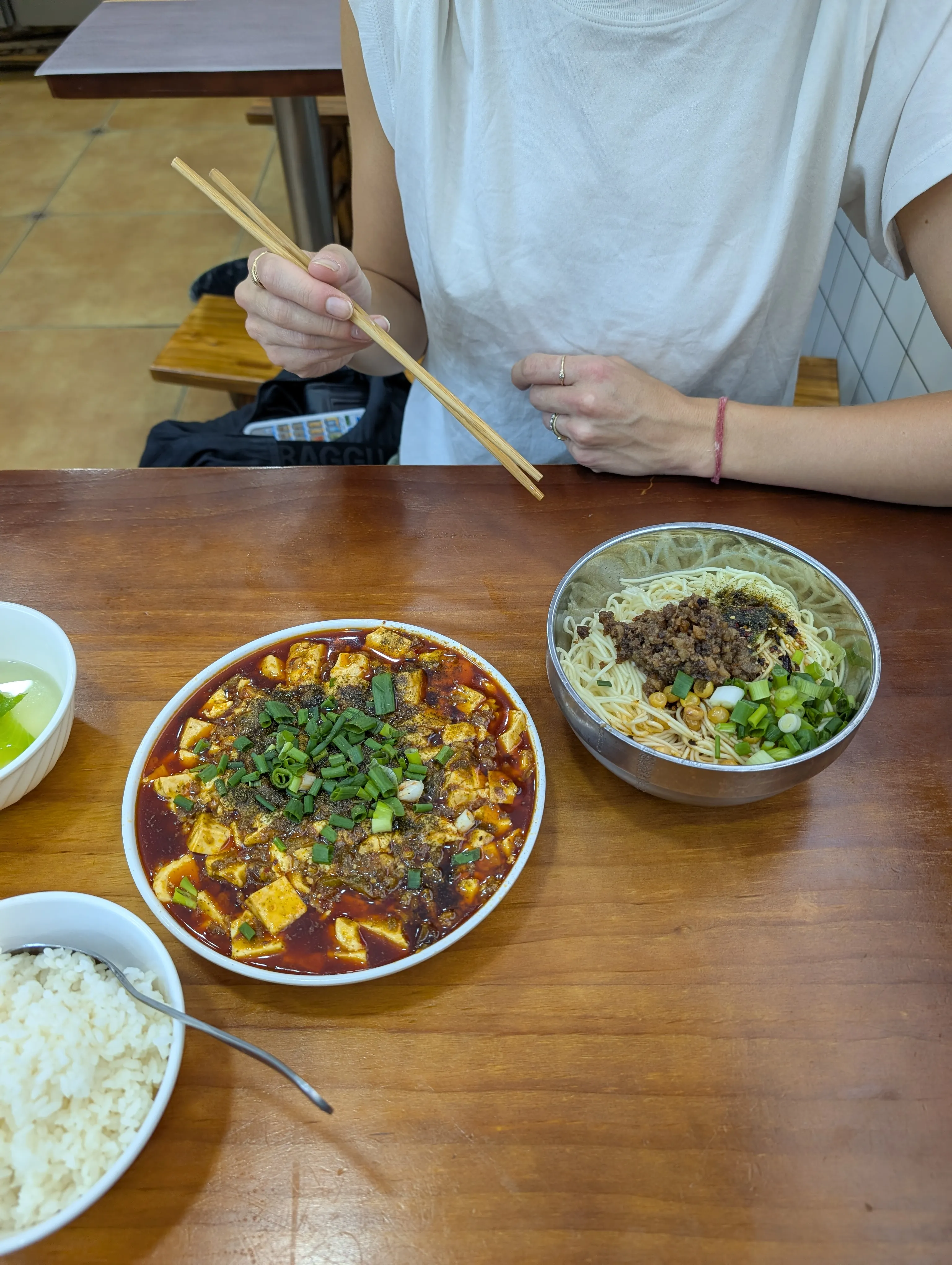 Sichuan classics: mapo tofu alongside mala xiao mien.
